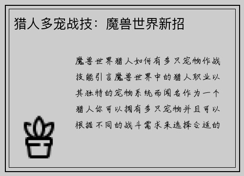 猎人多宠战技：魔兽世界新招