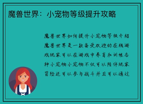 魔兽世界：小宠物等级提升攻略